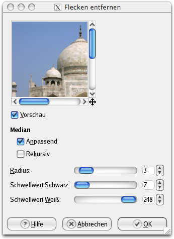 Eigenschaften für das Filter Flecken entfernen